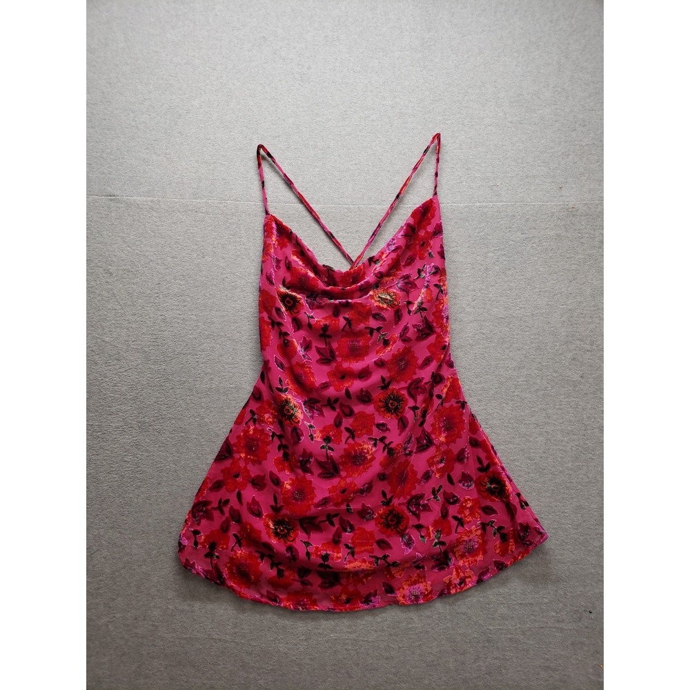 Prettylittlething‎ Women Mini Dress 8 Pink Floral Zip Cowl Neck Traps Logo Party